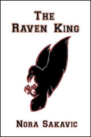 The image is the cover of the book The Raven King by Nora Sakavic. The cover features a black silhouette of a raven, outlined in red, holding a key in its beak. The title and author's name are displayed in bold, stylized text at the top and bottom, respectively, against a plain white background.