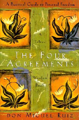 Book cover of The Four Agreements by Don Miguel Ruiz, featuring four stylized flowers on an earthy-toned background with the title and subtitle centered in white text, and the author's name at the bottom. gyannidhi.com