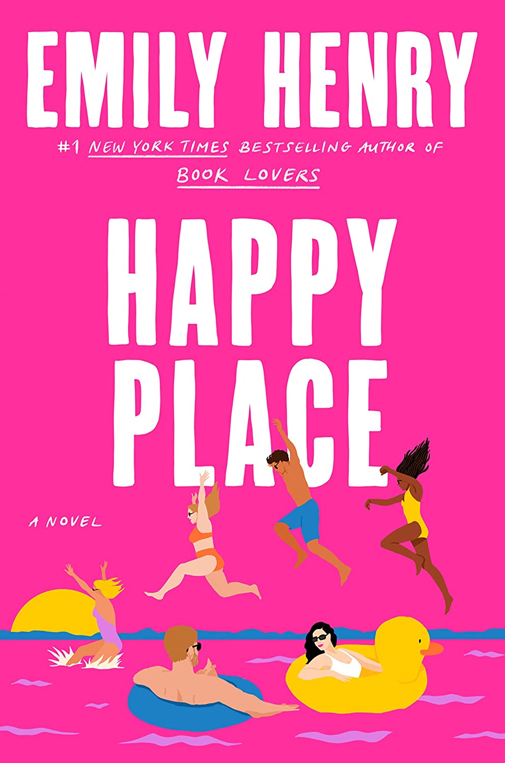 Cover of Happy Place by Emily Henry, featuring playful illustrations of people enjoying a summer day at the beach with a bright pink background, highlighting the fun and vibrant theme of the novel.