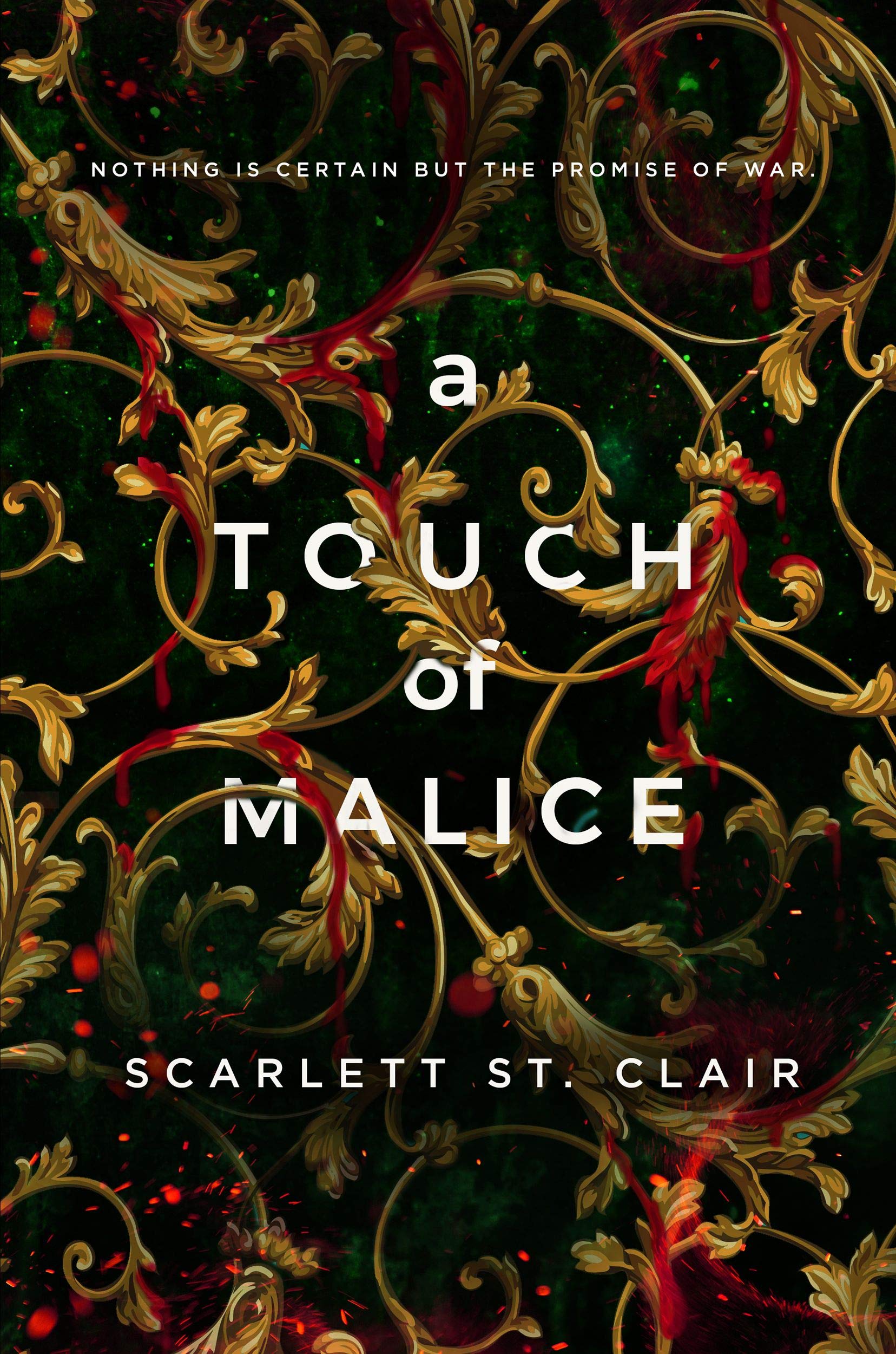 Book cover of A Touch of Malice by Scarlett St. Clair, featuring an intricate design of golden leaves with red accents on a dark green background. inkbyte library, gyannidhi.com