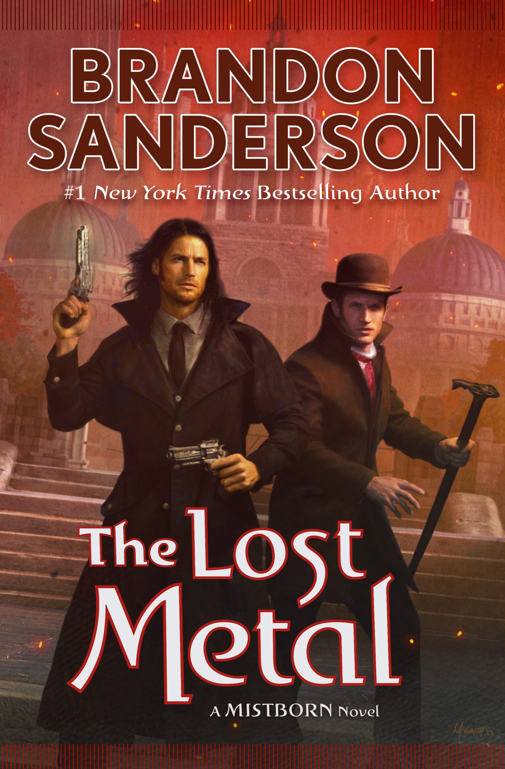 Cover of mistborn the lost metal by Brandon Sanderson, featuring two armed characters in a steampunk cityscape with a red sky.