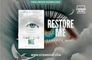 A captivating book cover of Restore Me by Tahereh Mafi, featuring a close-up of a turquoise-blue eye with long lashes, surrounded by a dreamy gray and white cloudy background with scattered white birds, evoking mystery and elegance.