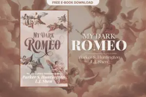 My Dark Romeo book cover featuring Renaissance-style angels, soft pastel clouds, and elegant typography with a vintage, romantic aesthetic.