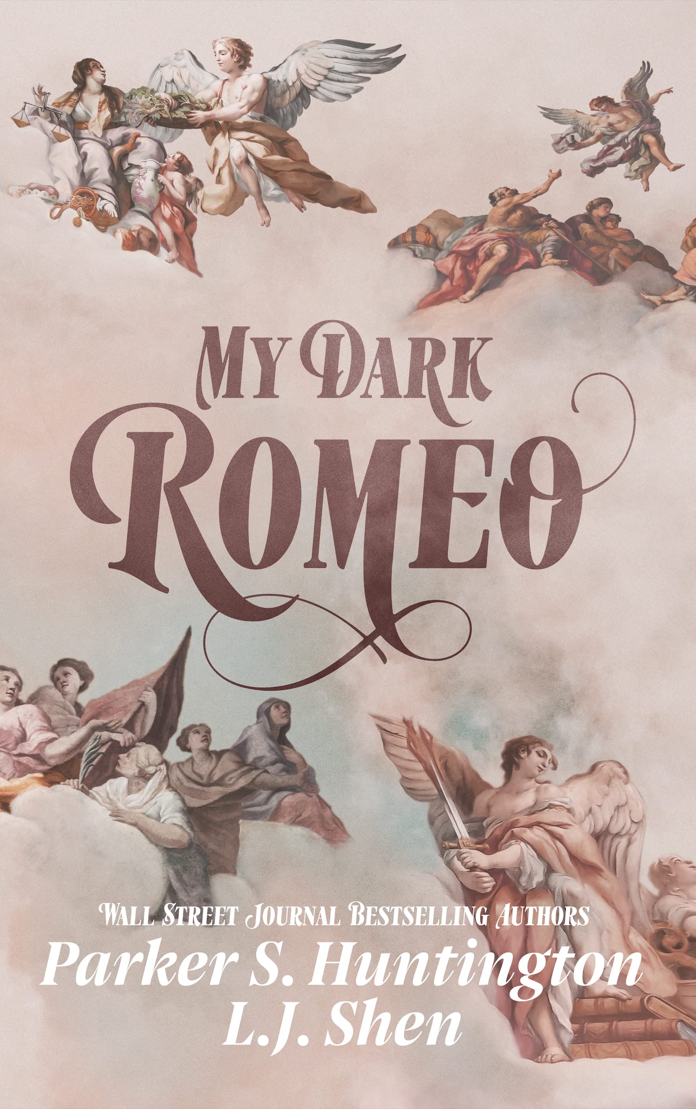 My Dark Romeo book cover featuring Renaissance-style angels, soft pastel clouds, and elegant typography with a vintage, romantic aesthetic.