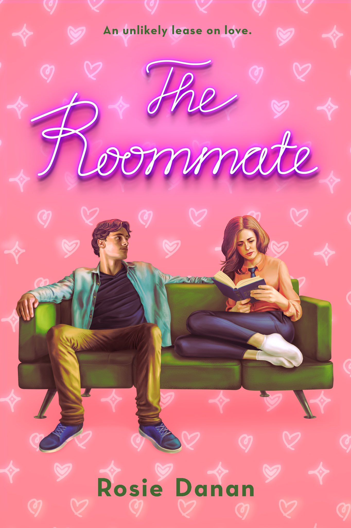 The Roommate book cover by Rosie Danan, featuring a pink background with neon-style title text and an illustrated couple on a green couch.