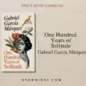 One Hundred Years of Solitude book cover by Gabriel García Márquez, featuring a vibrant green jungle illustration with ferns, animals, and mystical elements, framed by a yellow border with the title and author's name.