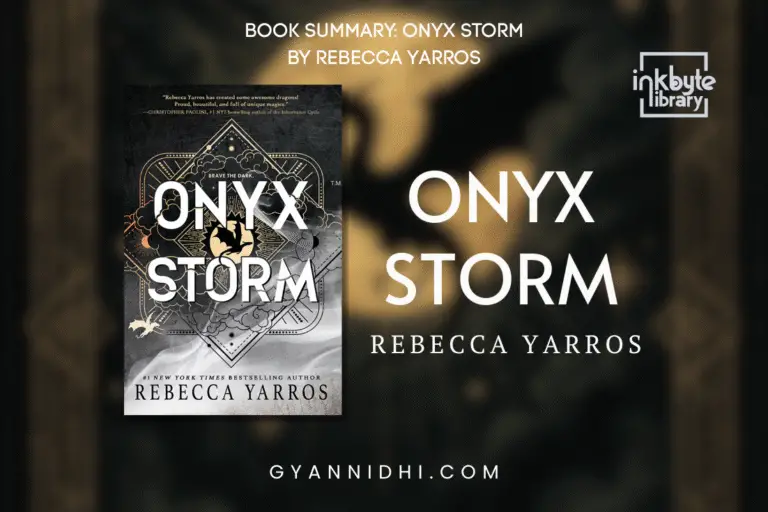 Onyx Storm by Rebecca Yarros book cover on a stormy backdrop with dragon silhouettes, featured on Gyan Nidhi for a romantasy book summary and review.