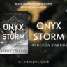 Onyx Storm by Rebecca Yarros book cover on a stormy backdrop with dragon silhouettes, featured on Gyan Nidhi for a romantasy book summary and review.