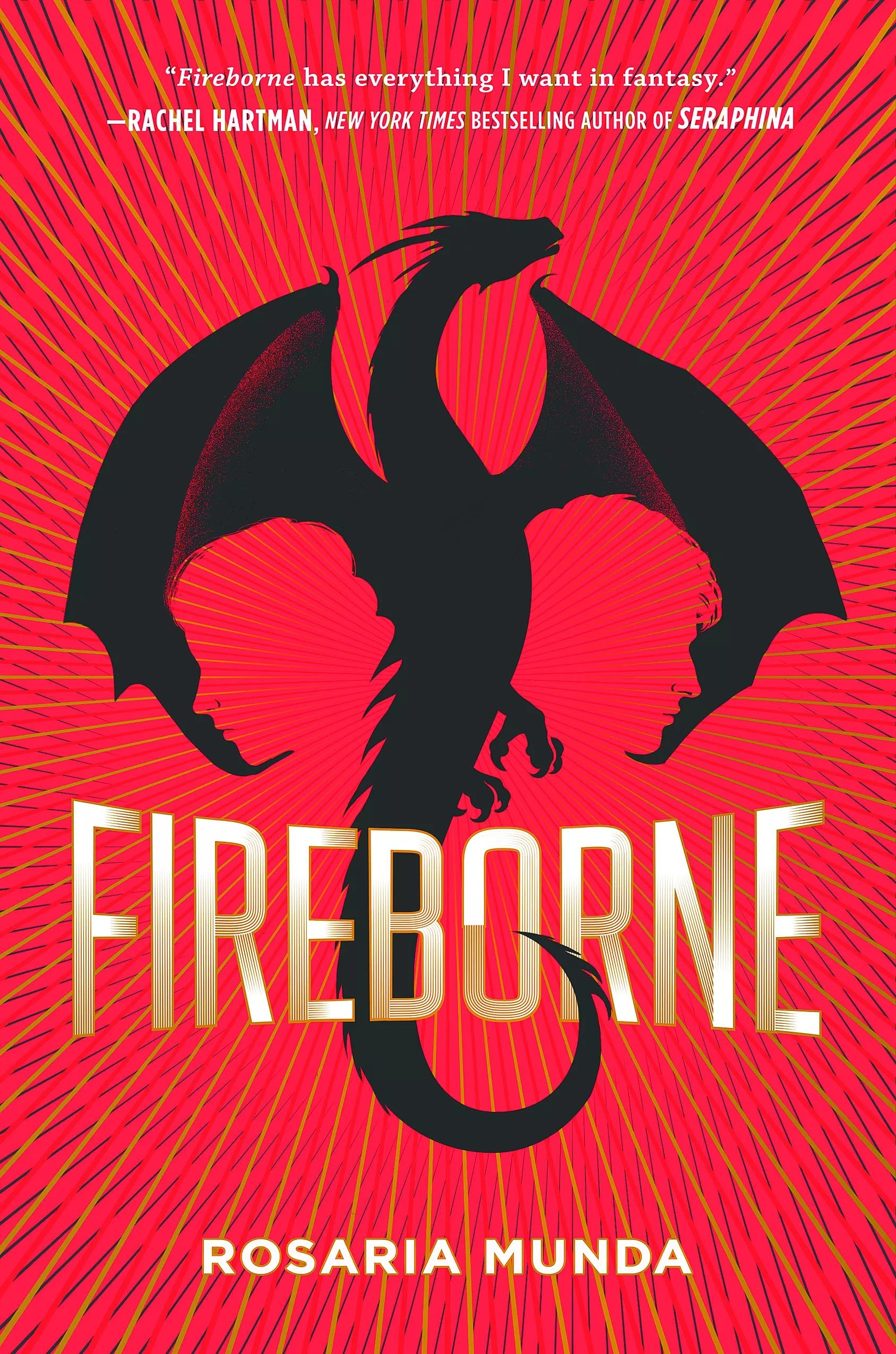 Fantasy novel Fireborne by Rosaria Munda, book cover with a black dragon silhouette and two character profiles on a striking red background, perfect for young adult and dragon fantasy readers.

