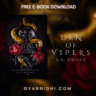 Dark romance novel Den of Vipers by K.A. Knight — edgy cover with a black skull wrapped in gold serpents and red roses, symbolizing danger, seduction, and reverse harem themes.