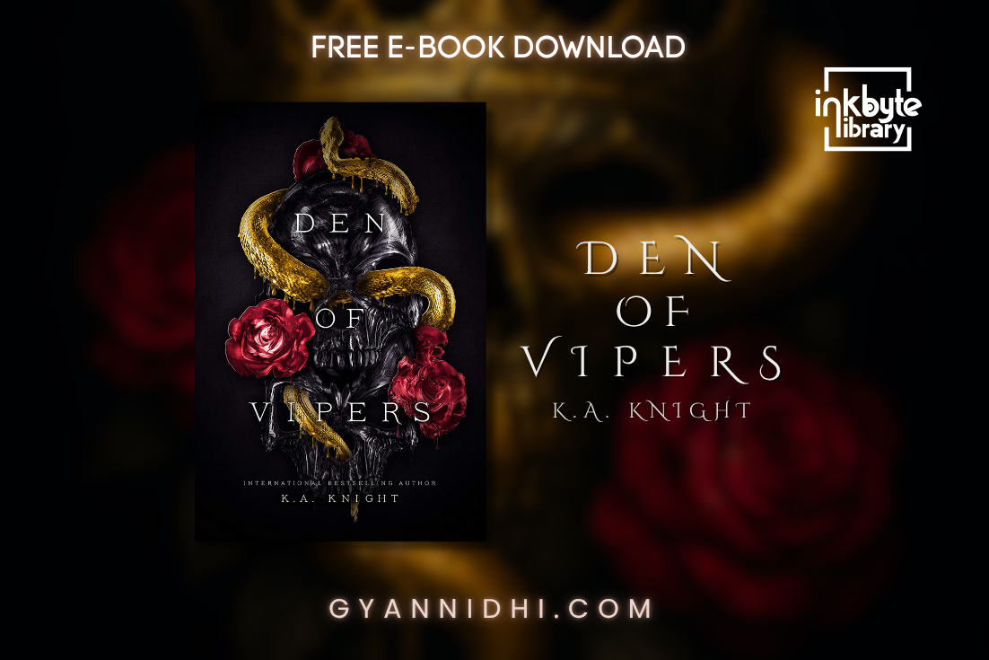 Dark romance novel Den of Vipers by K.A. Knight — edgy cover with a black skull wrapped in gold serpents and red roses, symbolizing danger, seduction, and reverse harem themes.