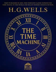 Book cover of The Time Machine by H.G. Wells with golden Roman numeral clock design on dark blue background.