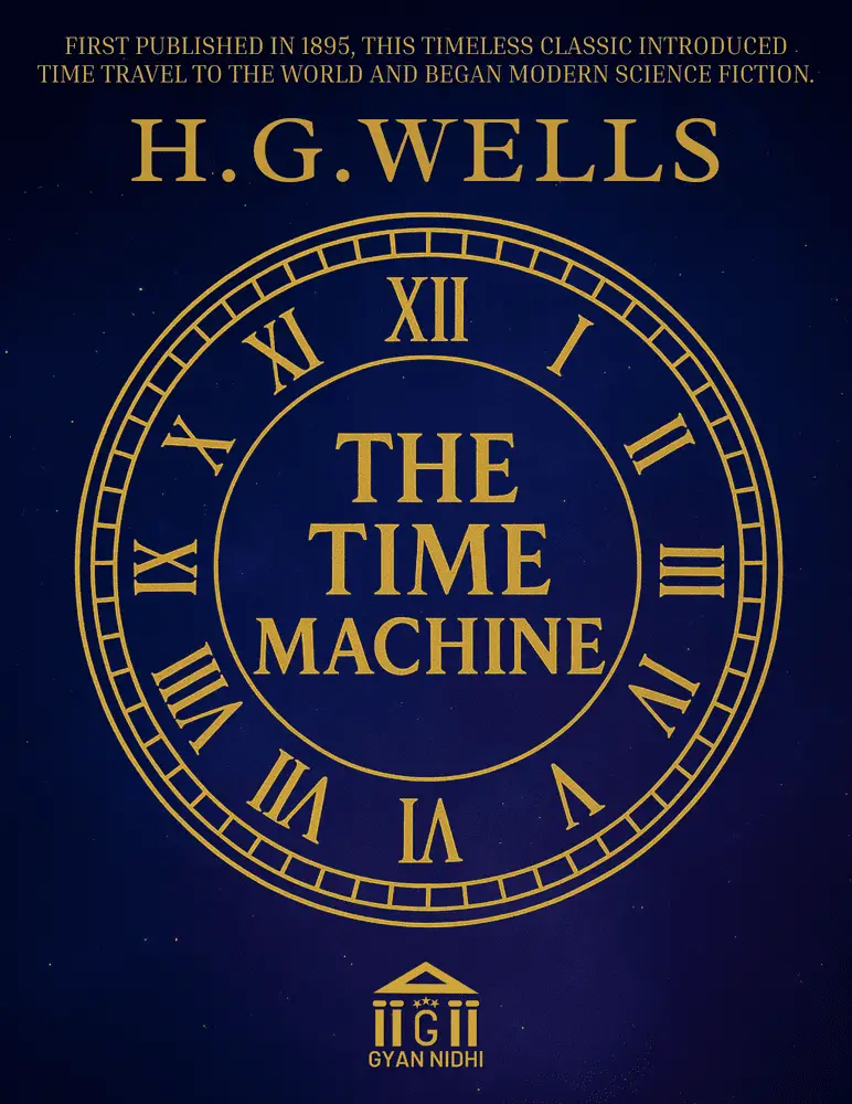 Book cover of The Time Machine by H.G. Wells with golden Roman numeral clock design on dark blue background.