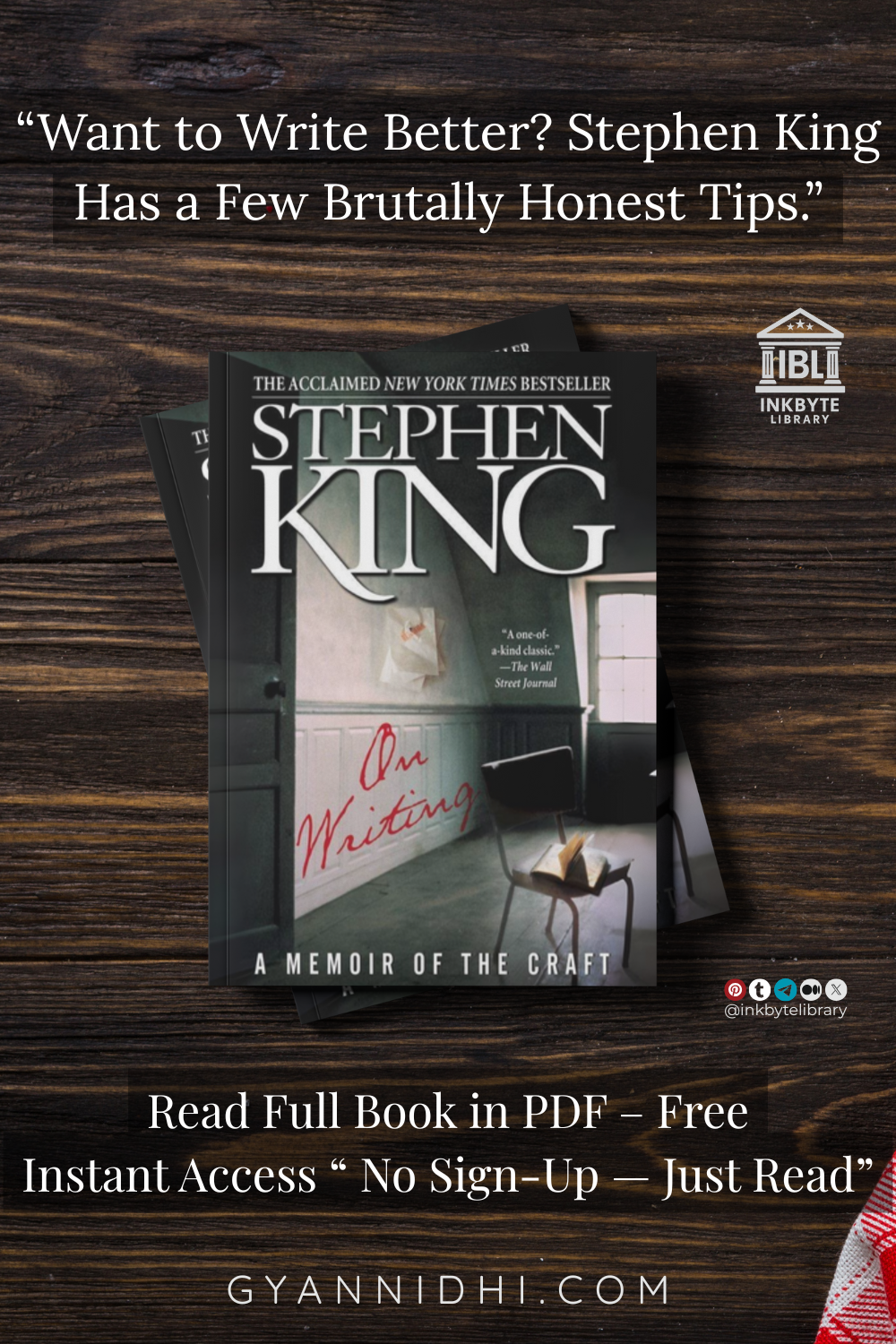 “Promotional image for Stephen King's On Writing with tagline 'Want to Write Better?' offering free PDF access on Gyannidhi.com, by Inkbyte Library.”