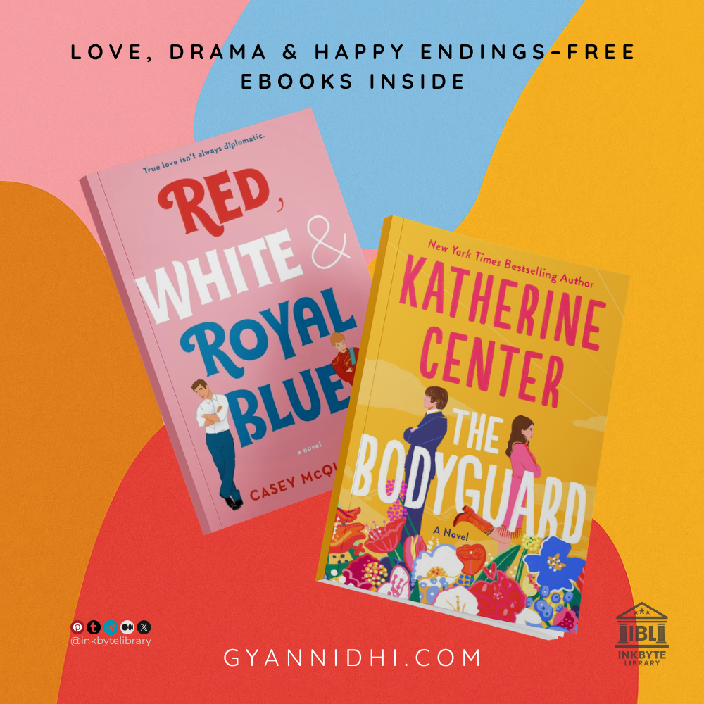 Book covers of “Red, White & Royal Blue” by Casey McQuiston and “The Bodyguard” by Katherine Center displayed on a colorful abstract background with text promoting free romance ebooks.