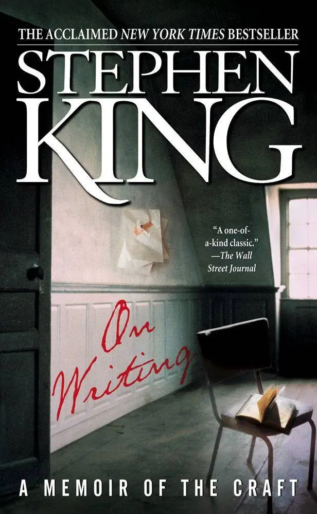 “Stephen King’s On Writing book cover —  A Memoir of the Craft, featuring a dimly lit room, chair, and paper pinned to the wall.”