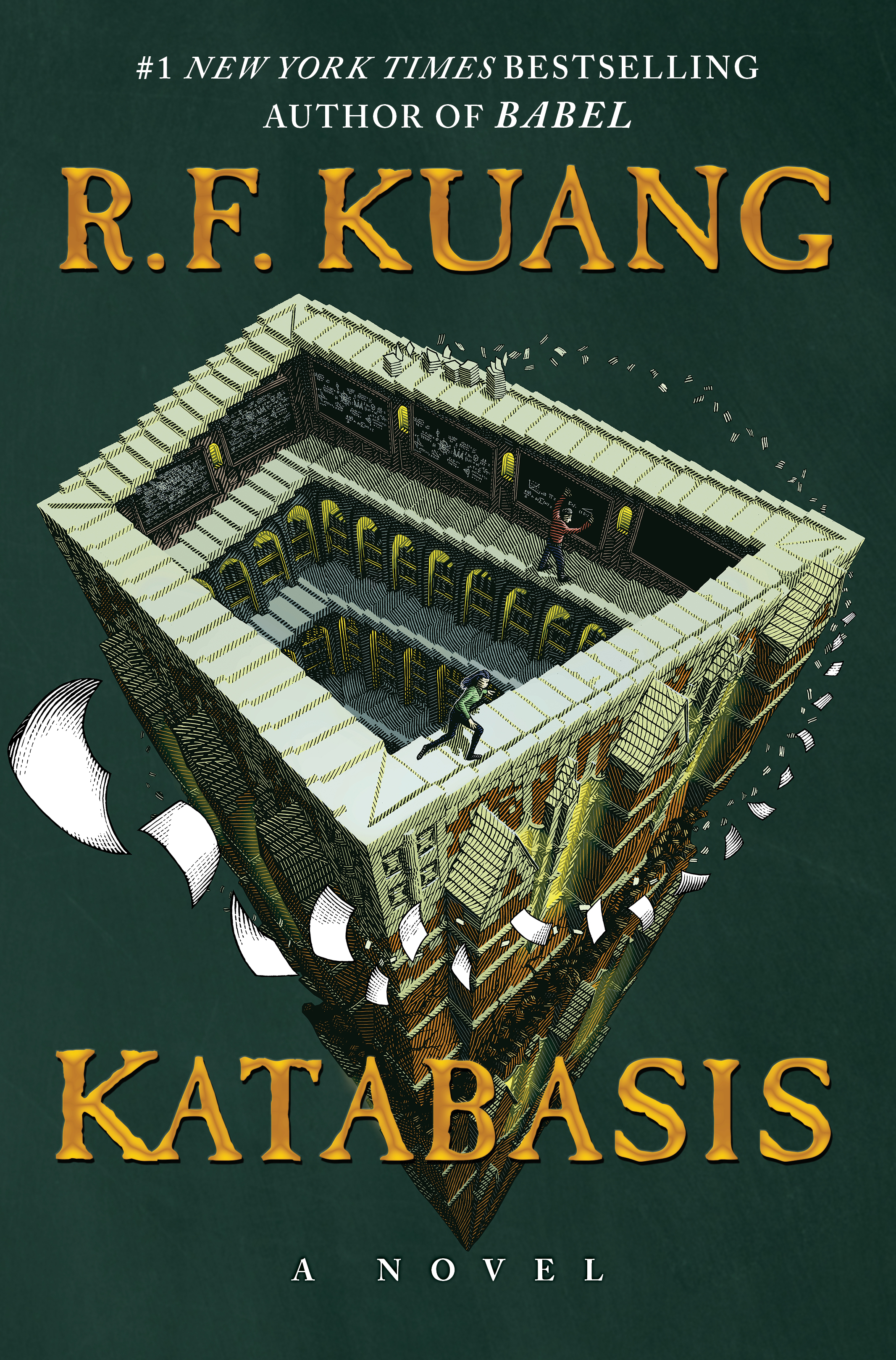 Book cover of Katabasis: A Novel by R.F. Kuang, #1 New York Times bestselling author of “Babel.” The artwork depicts a surreal, Escher-style inverted library with staircases and scattered book pages. A person is seen navigating the structure, emphasizing a descent or intellectual journey.

