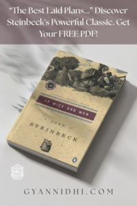 Promotional banner for John Steinbeck's 'Of Mice and Men' classic novel, featuring 'The Best Laid Plans...' quote, free PDF download offer from Gyananidhi.com, InkbYte Library logo, and angled view of vintage book cover with wheat harvest illustration on beige textured background.