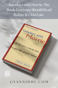 Close-up of the classic book cover for Tuesdays with Morrie by Mitch Albom, showing the title, author name, and subtitle about life's greatest lesson on an off-white background with a red border.